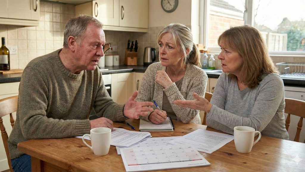 3 elderly siblings discussing at a kitchen table