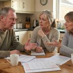 3 elderly siblings discussing at a kitchen table