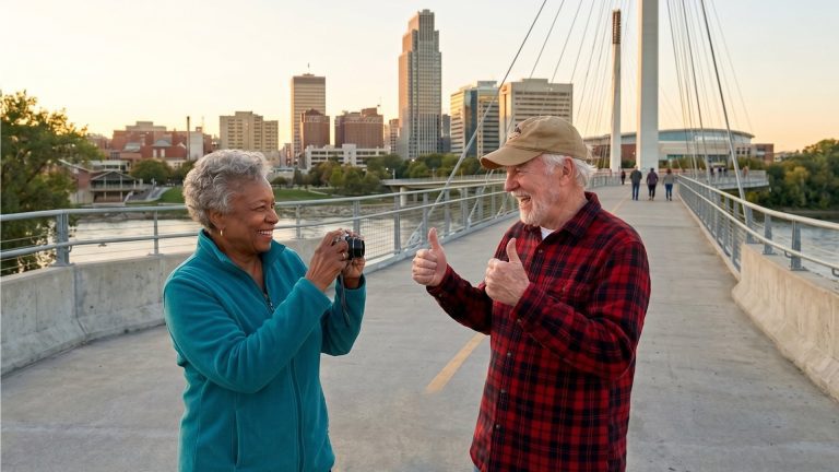 An elderly couple in Omaha taking photos at the Bob Kearny pedestrian bridge