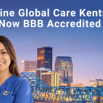 A caregiver standing in front of the Kentucky Louisville skyline With text that says "Genuine Global Care is now BBB accredited"
