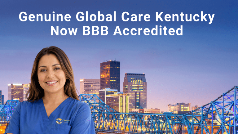 A caregiver standing in front of the Kentucky Louisville skyline With text that says "Genuine Global Care is now BBB accredited"